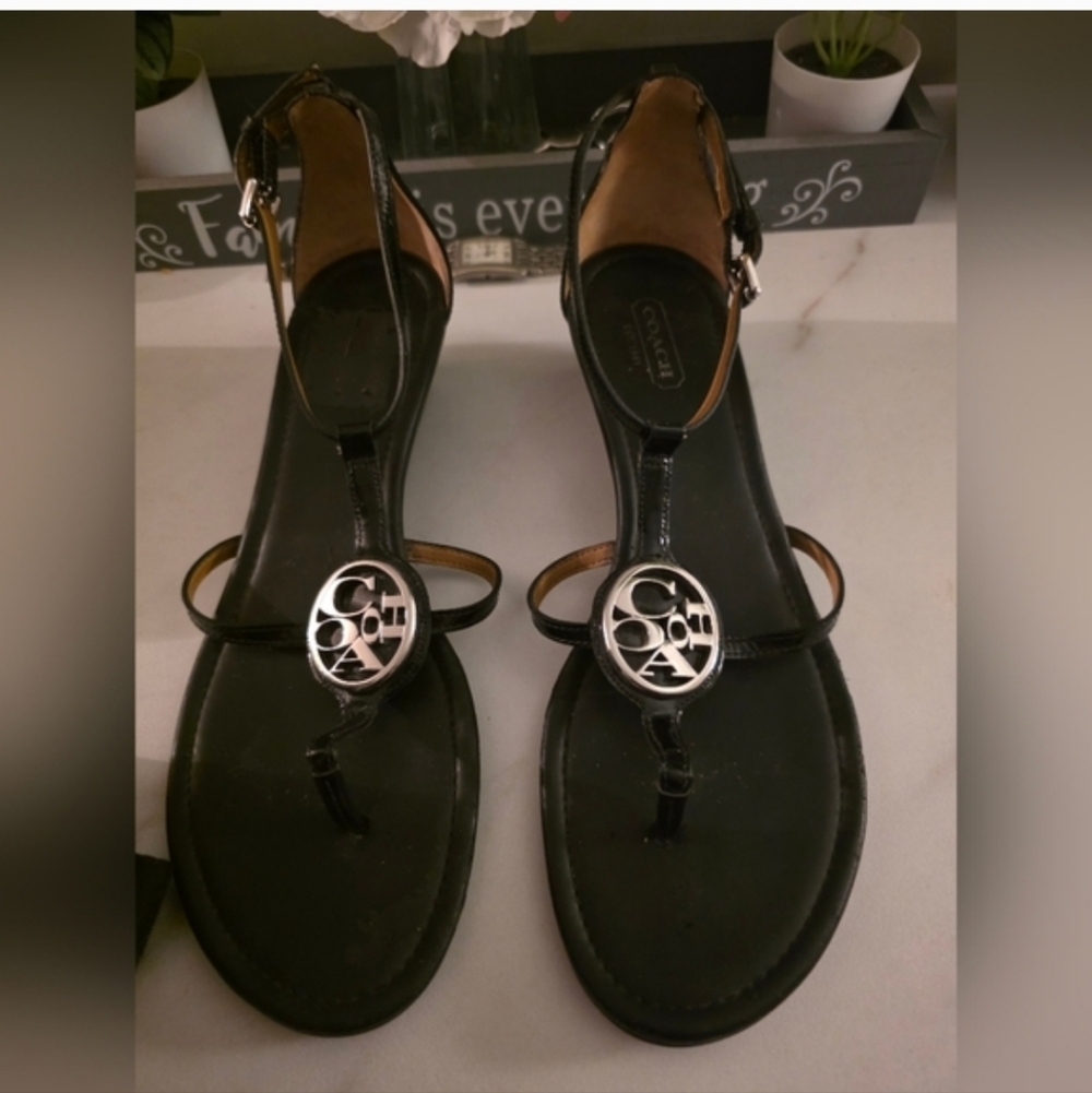 Coach Women’s Black T-Strap Logo Sandals